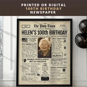 以下が含まれることがあります： ヘレンの100歳の誕生日を祝う額入りの新聞プリント。見出しは「HELEN'S 100th BIRTHDAY」で、彼女が生まれた年の詳細が記載されています。プリントにはヘレンの写真、1926年の歴史的事実と費用が含まれています。