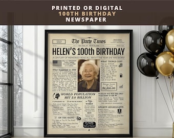 Personalized 100th Birthday Newspaper Poster | Printed or Digital | Framed or Canvas