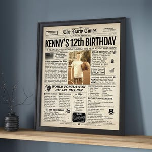 May include: A framed newspaper print titled "The Party Times" celebrating Kenny's 12th birthday. The print includes a photo of a young boy with a basketball, along with headlines and details about the year 2014.