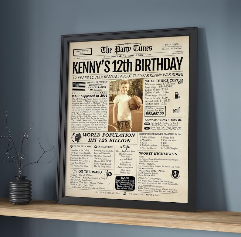 May include: A framed newspaper print titled "The Party Times" celebrating Kenny's 12th birthday. The print includes a photo of a young boy with a basketball, along with headlines and details about the year 2014.