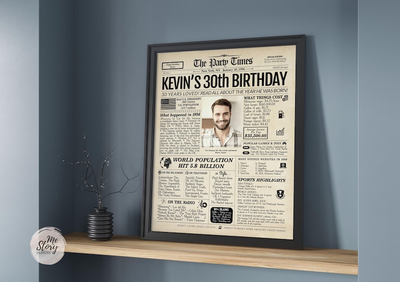 May include: A framed poster designed as a vintage newspaper titled The Party Times, featuring the headline Kevin's 30th Birthday. The print includes a central photograph of a man, historical facts from 1996, cost of living data, and pop culture highlights.