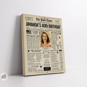 May include: A rectangular canvas print designed as a vintage newspaper titled The Party Times, featuring the headline Amanda's 40th Birthday. The beige background contains black text, a central photograph of a smiling person, and facts from 1986.
