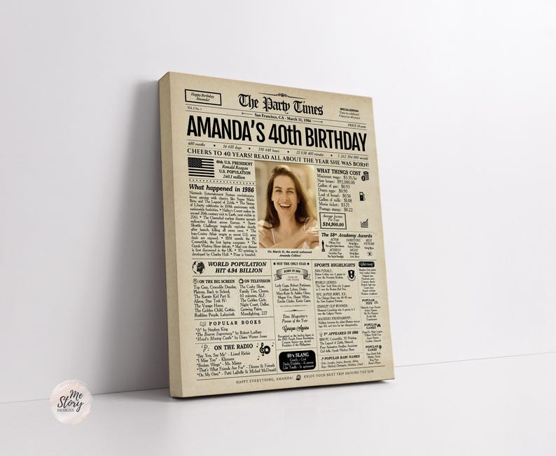 May include: A rectangular canvas print designed as a vintage newspaper titled The Party Times, featuring the headline Amanda's 40th Birthday. The beige background contains black text, a central photograph of a smiling person, and facts from 1986.