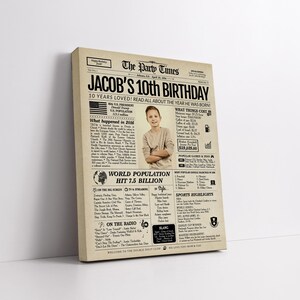 May include: A rectangular canvas print designed as a vintage newspaper titled The Party Times, featuring the headline Jacob's 10th Birthday. The beige background contains black text and graphics detailing events, costs, and pop culture from 2016.
