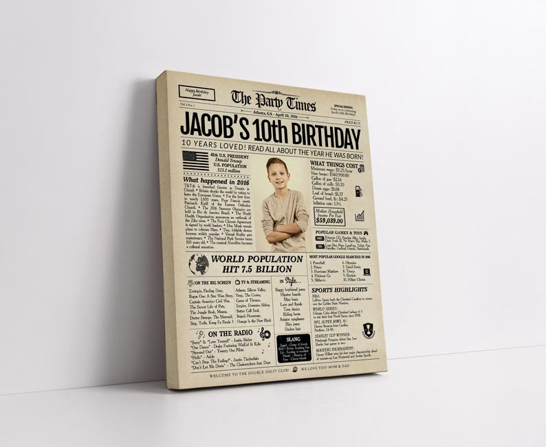 May include: A rectangular canvas print designed as a vintage newspaper titled The Party Times, featuring the headline Jacob's 10th Birthday. The beige background contains black text and graphics detailing events, costs, and pop culture from 2016.