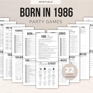 Puede incluir: Una colección de juegos de fiesta imprimibles con el tema "Nacido en 1986". Las hojas de juego en blanco y negro incluyen trivia, búsquedas de palabras y otras actividades divertidas. La imagen también incluye el texto "22 juegos + clave de respuestas".