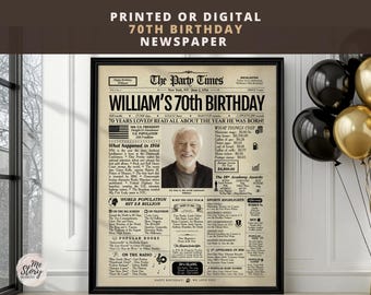Personalized 70th Birthday Newspaper Poster | Printed or Digital | Framed or Canvas