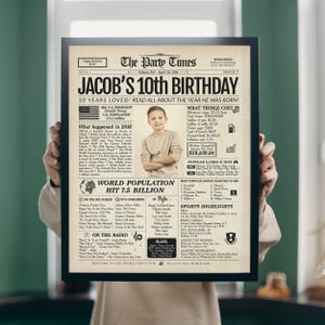 May include: A framed newspaper-style poster titled The Party Times, featuring a central photograph of a young person. The text highlights facts from 2016, including the headline Jacob's 10th Birthday, U.S. population, sports highlights, and popular culture.