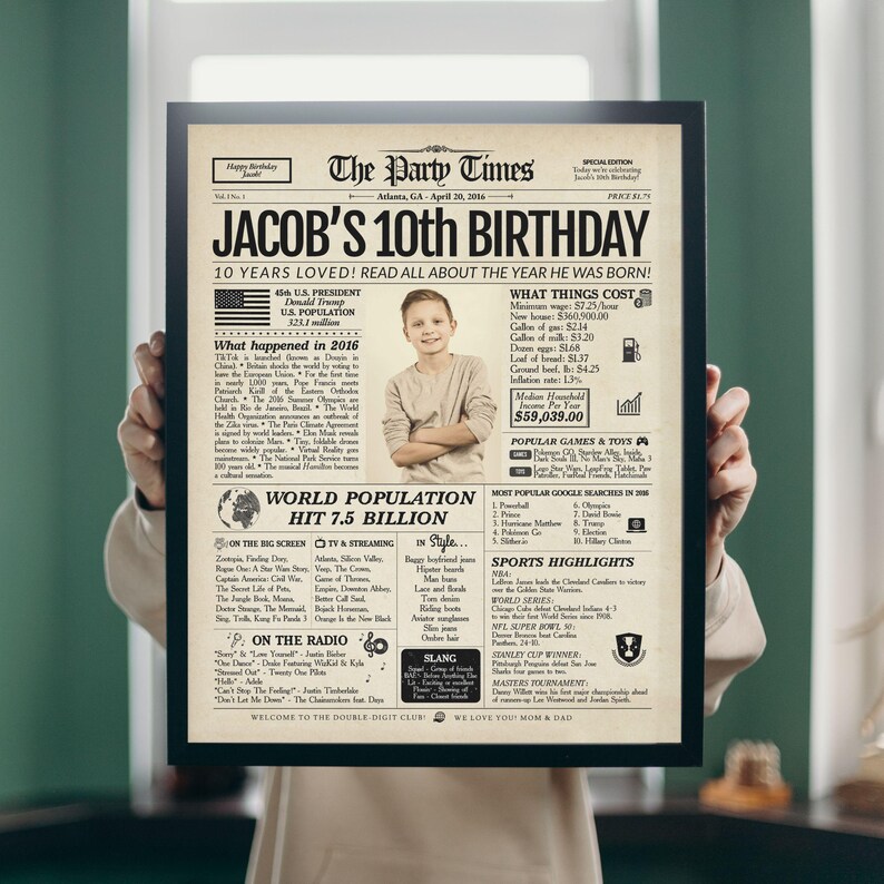 May include: A framed newspaper-style poster titled The Party Times, featuring a central photograph of a young person. The text highlights facts from 2016, including the headline Jacob's 10th Birthday, U.S. population, sports highlights, and popular culture.