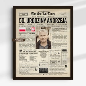 May include: A framed print designed to look like a vintage newspaper, celebrating a 50th birthday. The headline reads "The Sto Lat Times" with a photo of a man. The print includes Polish text and details about the year 1976.