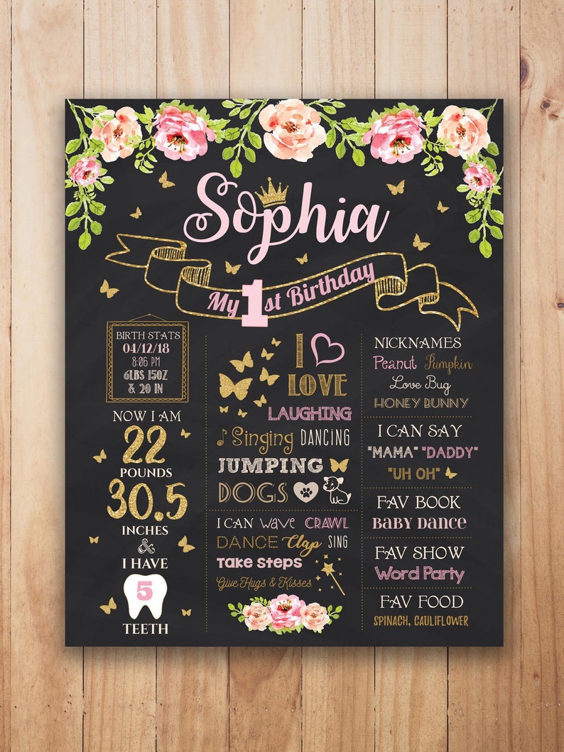 Download Party Supplies Paper Party Supplies Floral First Birthday Poster For A 1st Birthday Girl Flowers Butterflies Garden Party Birthday Milestone Poster Jpg Baby Milestone Board