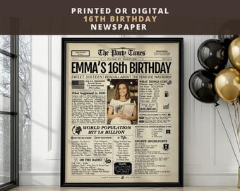 Personalized 16th Birthday Newspaper | Sweet Sixteen Gift | Printed or Digital | Framed or Canvas