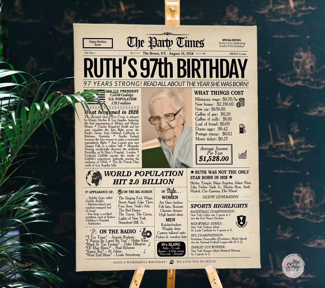 Gift for 97th Birthday | Personalized 1928 Birthday Journal Newspaper ...