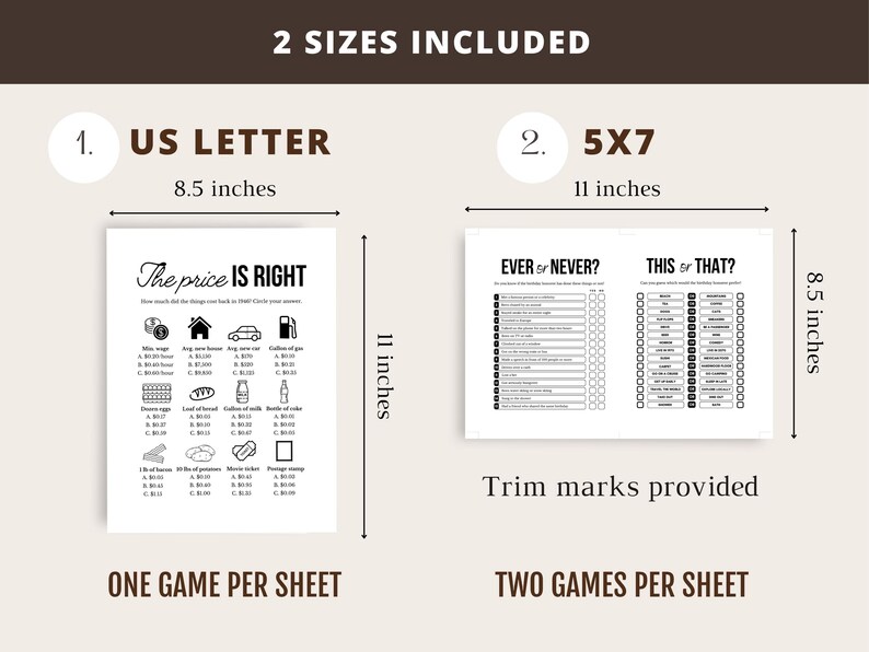May include: Two printable game sheets, one US Letter size (21.6 x 27.9 cm) and one 5x7 inch (17.8 x 12.7 cm). The first sheet features "The Price is Right" game, and the second sheet has "Ever or Never?" and "This or That?" games. Trim marks are provided.