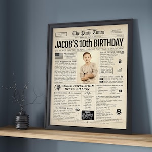 May include: A framed newspaper-style poster titled The Party Times, featuring the headline Jacob's 10th Birthday. The beige print includes a photograph of a young child, 2016 historical facts, U.S. president, world population, and pop culture trivia.