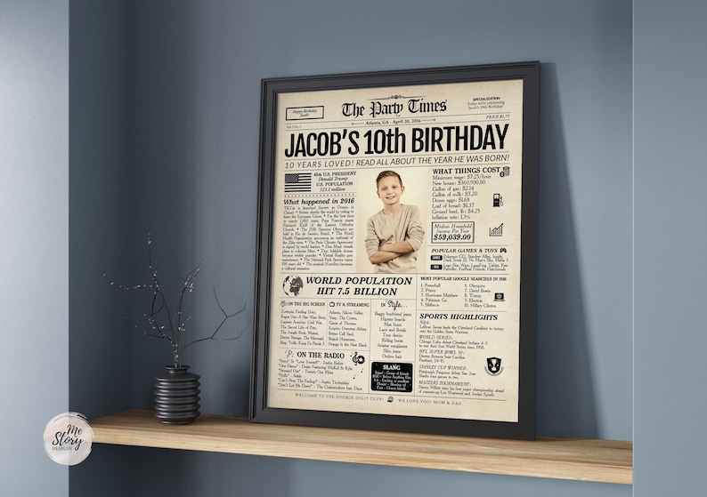 May include: A framed newspaper-style poster titled The Party Times, featuring the headline Jacob's 10th Birthday. The beige print includes a photograph of a young child, 2016 historical facts, U.S. president, world population, and pop culture trivia.
