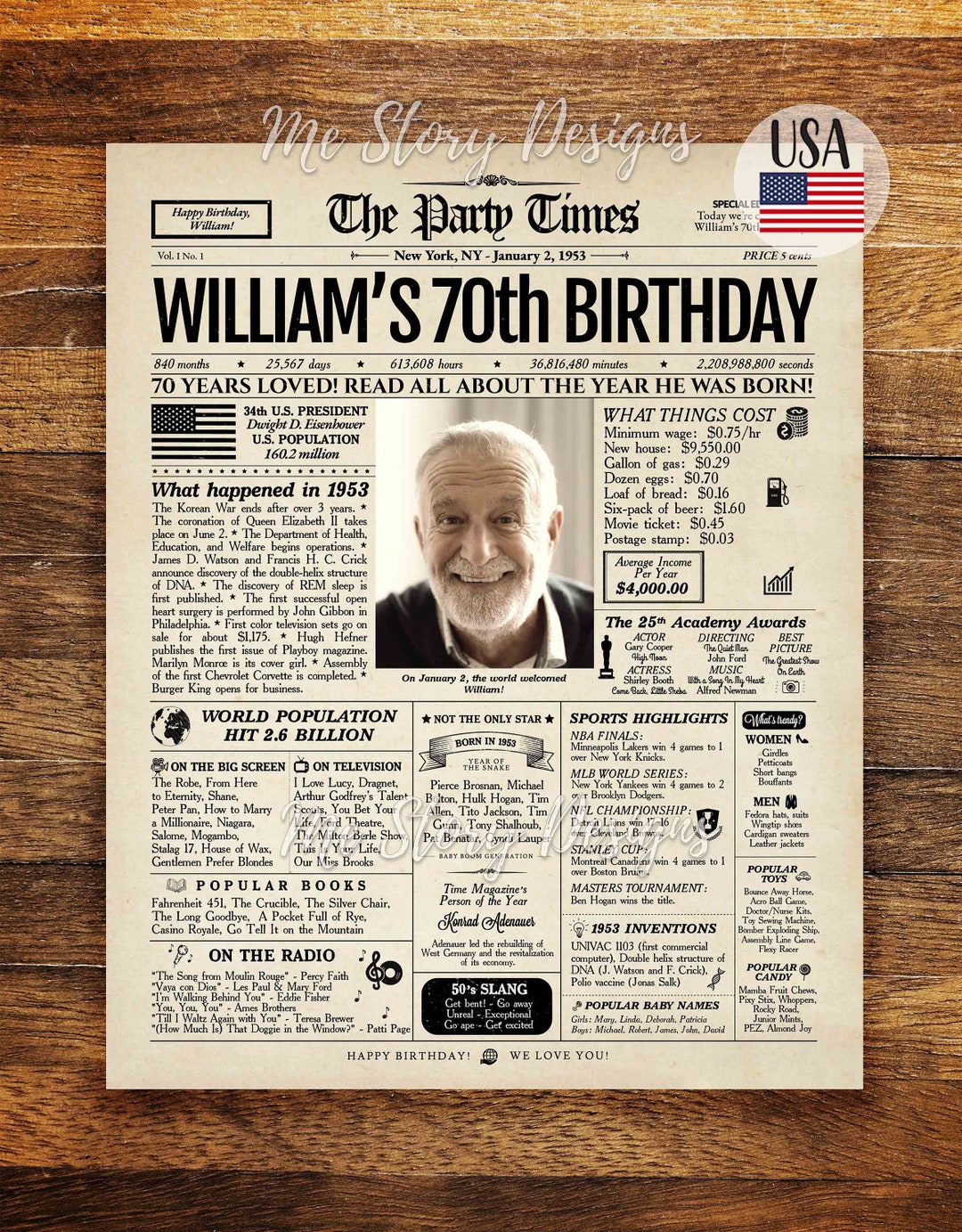 70th Birthday Newspaper Poster Sign 70th Birthday Gift photo