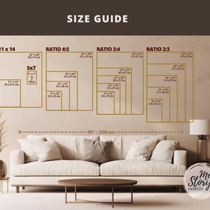 Pu&ograve; includere: Una guida alle dimensioni che mostra varie misure di cornici rettangolari in pollici e centimetri, suddivise per rapporti 4:5, 3:4, 2:3 e 11x14. Il testo 'SIZE GUIDE' appare in alto, con una linea di misurazione di 90 pollici / 228 cm.