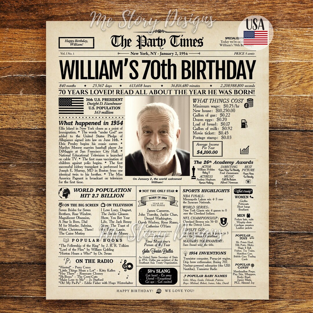 70th Birthday Newspaper Poster, 70th Birthday Gift for Him or Her, 70th ...