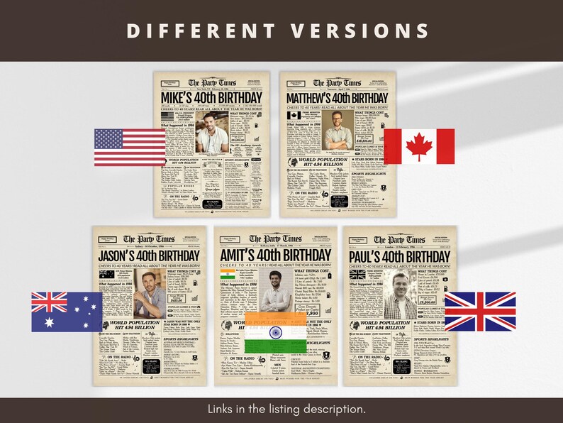 May include: Five personalized newspaper-style posters titled The Party Times, each featuring a 40th birthday theme with a central portrait, historical facts, and national flags including the United States, Canada, Australia, India, and the United Kingdom.