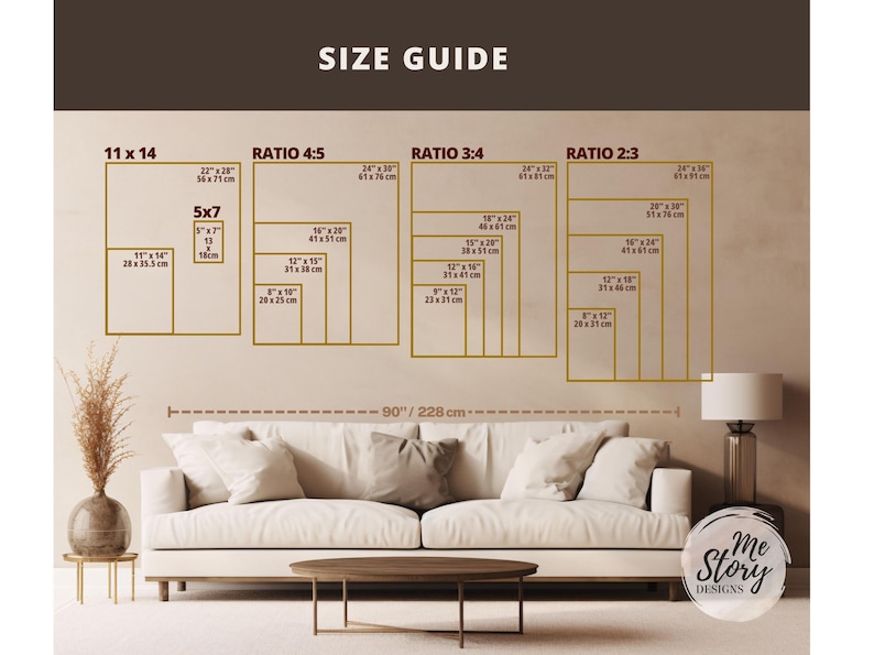May include: A size guide chart titled SIZE GUIDE displaying various rectangular frame dimensions in inches and centimeters, categorized by ratios 4:5, 3:4, and 2:3, with a horizontal measurement line indicating 90 inches or 228 cm above a sofa.