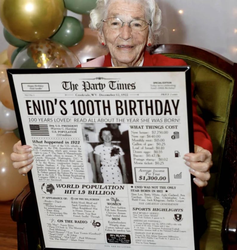 100th Birthday Newspaper Poster | 1926 Personalized Gift | Printed or Digital image 6