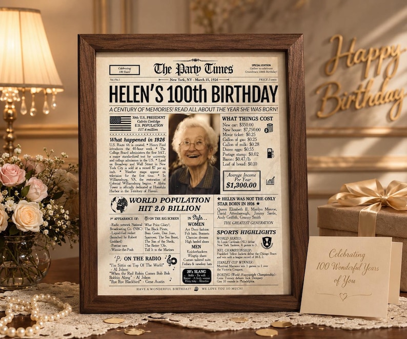 100th Birthday Newspaper Poster | 1926 Personalized Gift | Printed or Digital image 1