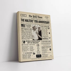 May include: A canvas print designed to resemble a vintage newspaper front page. The headline reads "THE WALTERS' 70th ANNIVERSARY" with a black and white photo of a couple. The print includes details about 1956 and other historical facts.