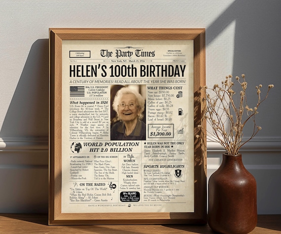 100th Birthday Newspaper Poster | 1926 Personalized Gift | Printed or Digital