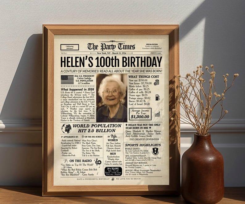 100th Birthday Newspaper Poster | 1926 Personalized Gift | Printed or Digital image 5