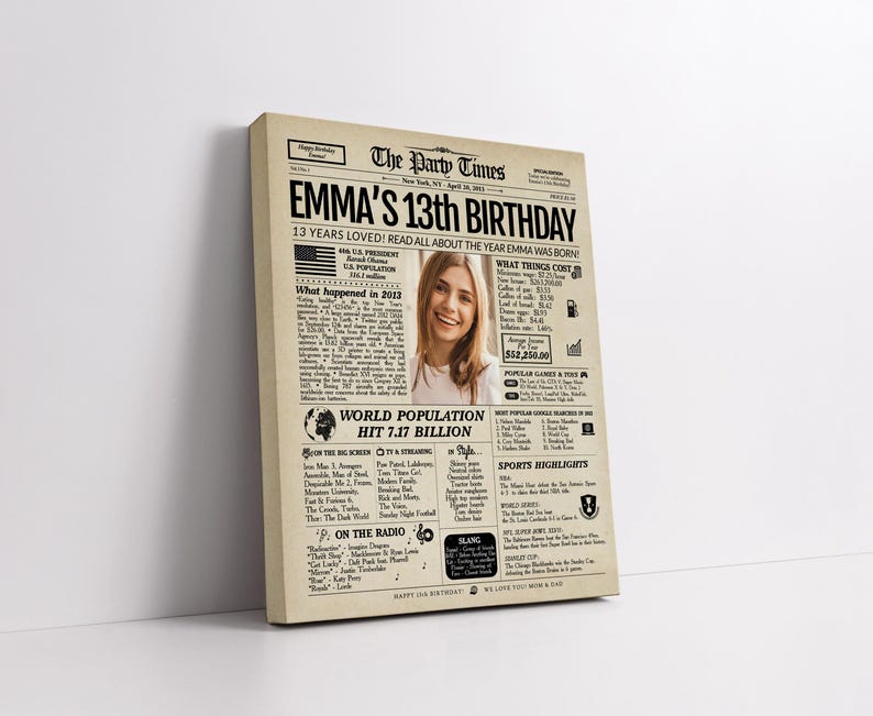 May include: A canvas print designed to resemble a vintage newspaper front page. The headline reads "EMMA'S 13th BIRTHDAY" with a photo of a smiling person. The print includes details about the year Emma was born, such as world population and popular games.