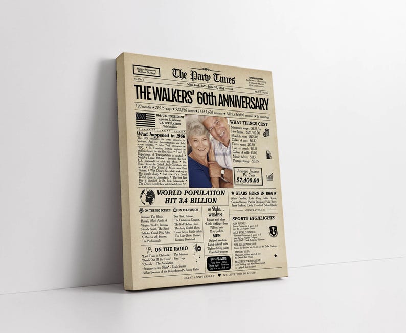 Poster di giornale per il 60° anniversario di matrimonio / Anniversario di nozze di diamante / Stampato o digitale immagine 4