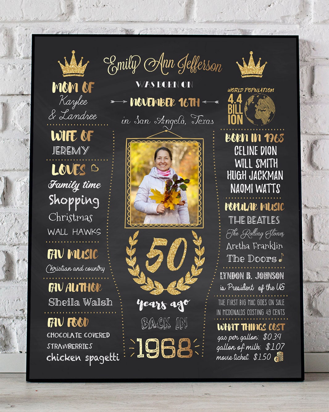50th birthday poster 1968 sign 50th birthday women fiftieth