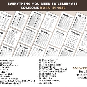 May include: A set of printable quiz games with a vintage theme, ideal for a birthday celebration. The games include trivia, word searches, and other fun activities. The text on the image reads "Everything You Need to Celebrate Someone Born in 1946."