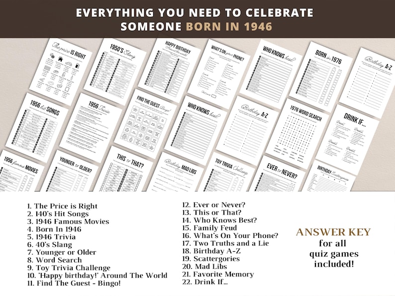 May include: A set of printable quiz games with a vintage theme, ideal for a birthday celebration. The games include trivia, word searches, and other fun activities. The text on the image reads "Everything You Need to Celebrate Someone Born in 1946."
