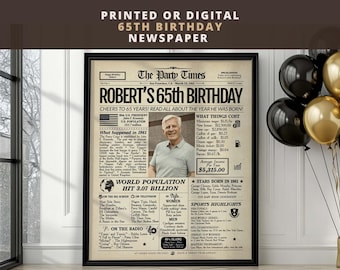 Personalized 65th Birthday Newspaper Poster | Printed or Digital | Framed or Canvas