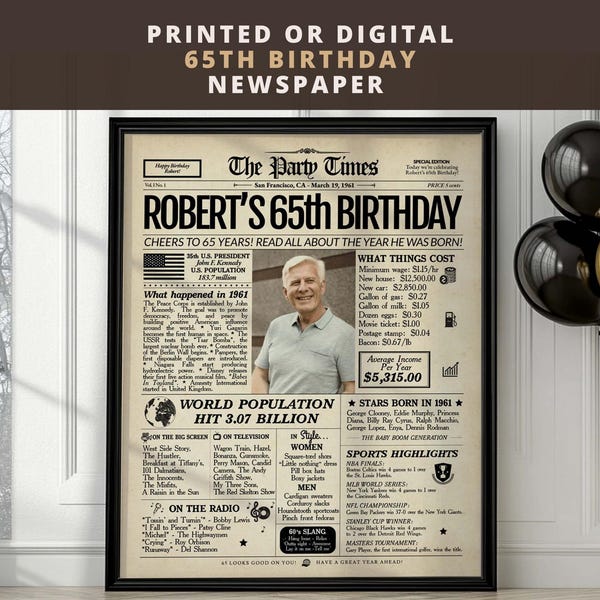 Personalized 65th Birthday Newspaper Poster | Printed or Digital | Framed or Canvas