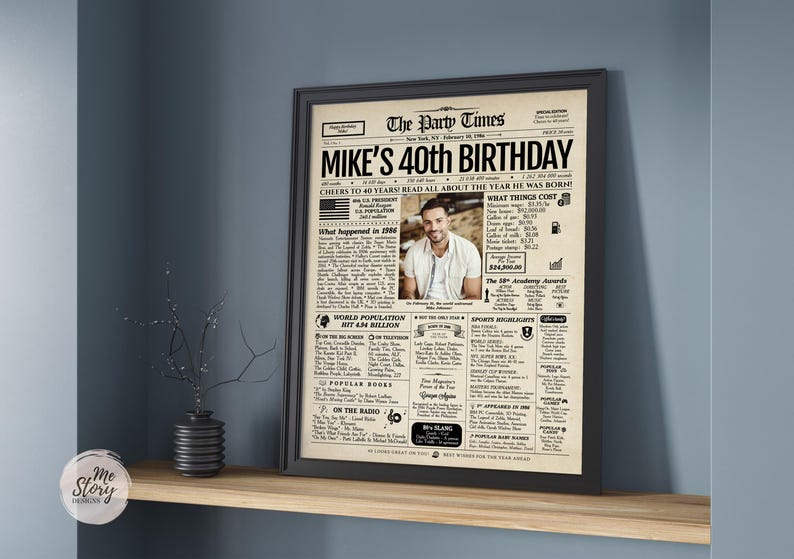 May include: A framed poster titled The Party Times, designed as a vintage newspaper front page for a 40th birthday. It features a central photograph of a person, historical facts from 1986, cost of living data, and sections on popular culture.