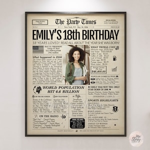 18th birthday newspaper sign, 18th birthday gift for girls and boys, back in 2006, 18th birthday decoration, newspaper print image 2