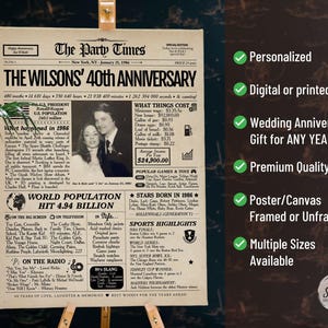 May include: A beige poster titled The Party Times featuring a black and white photograph of a couple, with text detailing historical facts from 1986, including U.S. population, cost of living, popular movies, music, and sports highlights from that year.