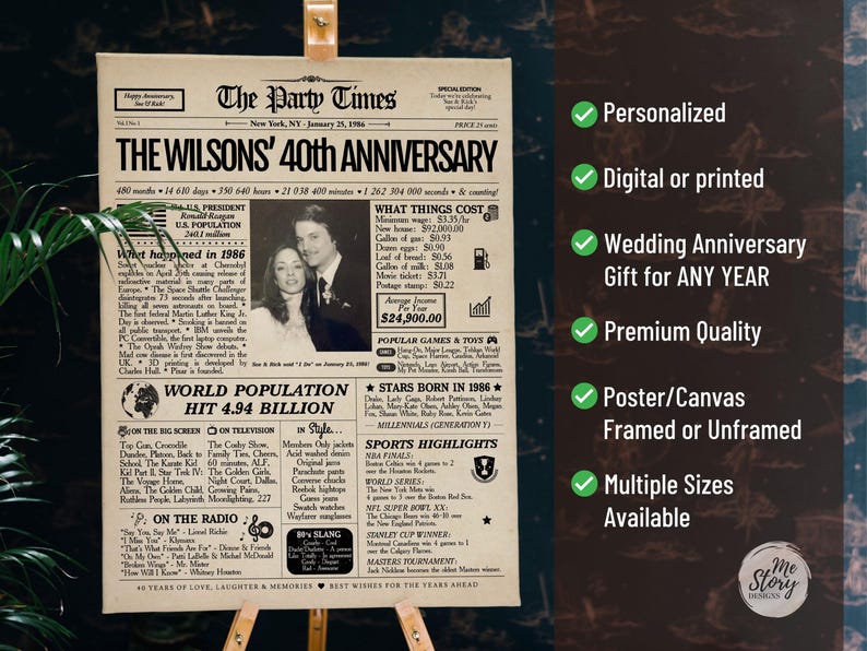May include: A beige poster titled The Party Times featuring a black and white photograph of a couple, with text detailing historical facts from 1986, including U.S. population, cost of living, popular movies, music, and sports highlights from that year.