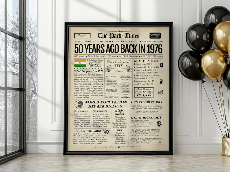 1976 India Newspaper 50th Birthday Sign | 1976 Facts & Highlights | Indian Edition image 1
