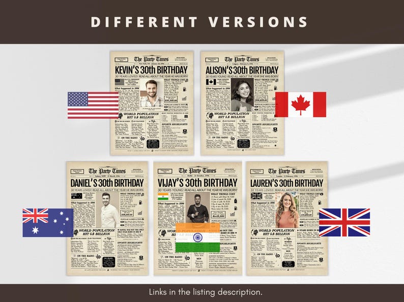 May include: Five vintage-style newspaper posters titled The Party Times, each featuring a personalized 30th birthday headline, a central portrait photograph, and various historical facts, accompanied by national flags including the US and Canada.