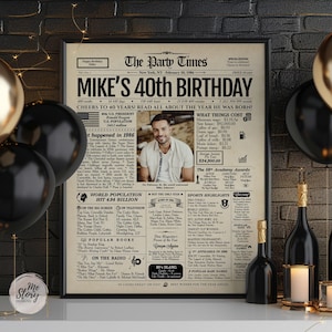 Pu&ograve; includere: Un poster incorniciato in stile giornale intitolato The Party Times, con il titolo MIKE'S 40th BIRTHDAY, una foto centrale di una persona e colonne che descrivono fatti storici del 1986, inclusi popolazione, film e costi.