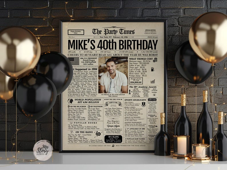 Pu&ograve; includere: Un poster incorniciato in stile giornale intitolato The Party Times, con il titolo MIKE'S 40th BIRTHDAY, una foto centrale di una persona e colonne che descrivono fatti storici del 1986, inclusi popolazione, film e costi.