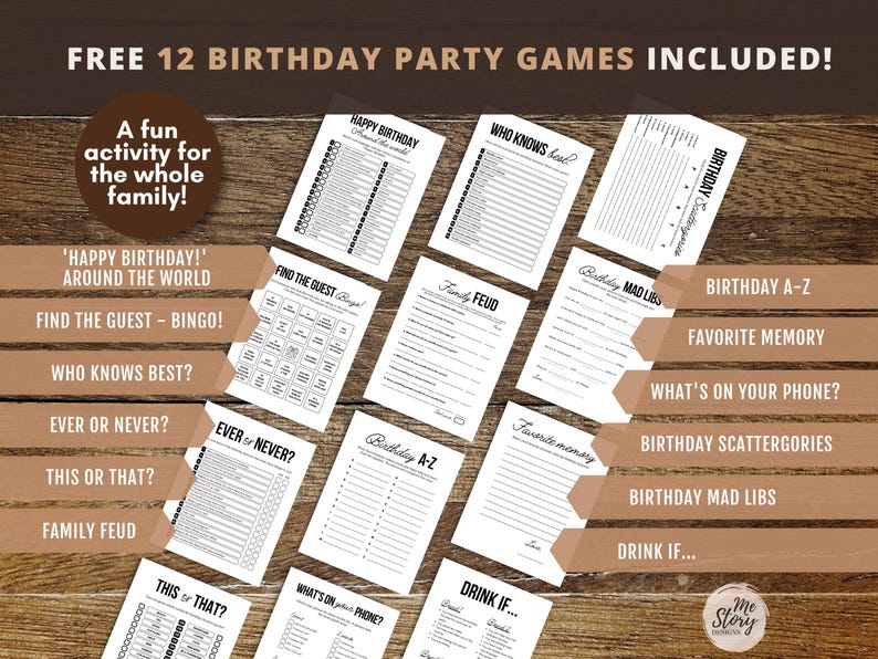 May include: A collection of twelve white paper birthday party game sheets with black text. The games include Happy Birthday Around the World, Who Knows Best, Birthday Scattergories, Find the Guest Bingo, Family Feud, Birthday Mad Libs, Birthday A-Z, Favorite Memory, What's on Your Phone, Ever or Never, This or That, and Drink If.
