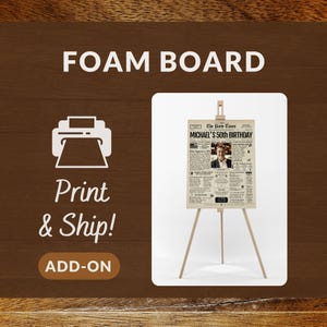 May include: A foam board with the text "FOAM BOARD" at the top. The board is on a wooden easel. The board has the text "The Daily Times MICHAEL'S 50th BIRTHDAY" and a photo. The image also has the text "Print & Ship! ADD-ON".