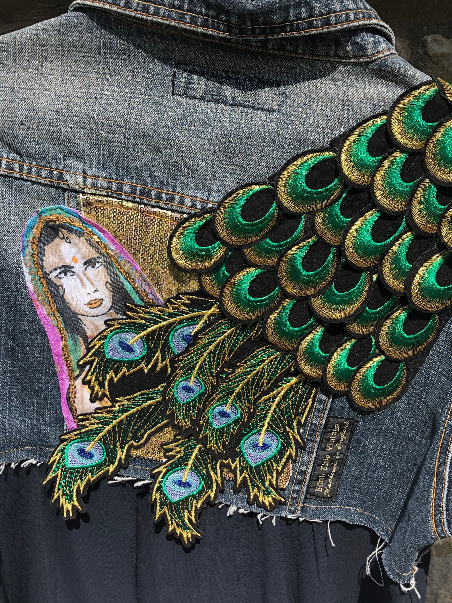 Peacock Inspired Crop Denim Jacket Etsy