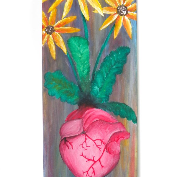 Heart and Flowers - Original acrylic painting - Wall art - Floral art - Human heart painting - Floral painting - Gift idea