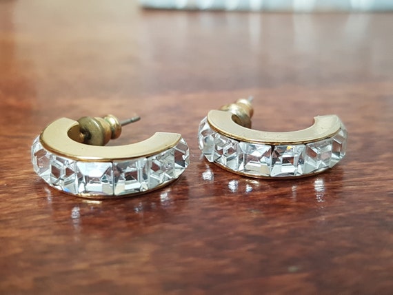 Vintage Diamante Half Hoop Earrings, Square Cut Cr
